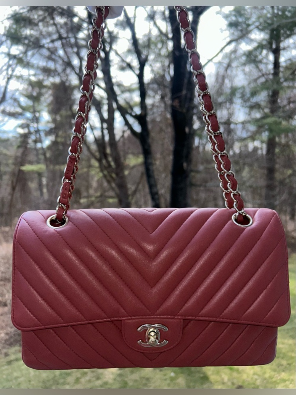 CHANEL Medium Classic Double Flap Chevron Quilted Handbag Dark Coral Terracotta